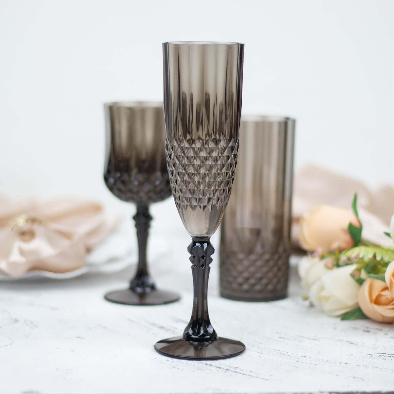6-Pack Transparent Plastic Champagne Glasses 8oz, Crystal Cut Style Black - Shatterproof Wedding Toast Flutes